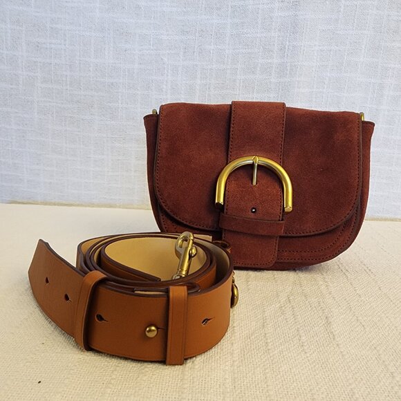 NWOT J. Crew Burnt Sienna Suede Cross Body Gold Oversized Buckle Bag A268 - Picture 1 of 13